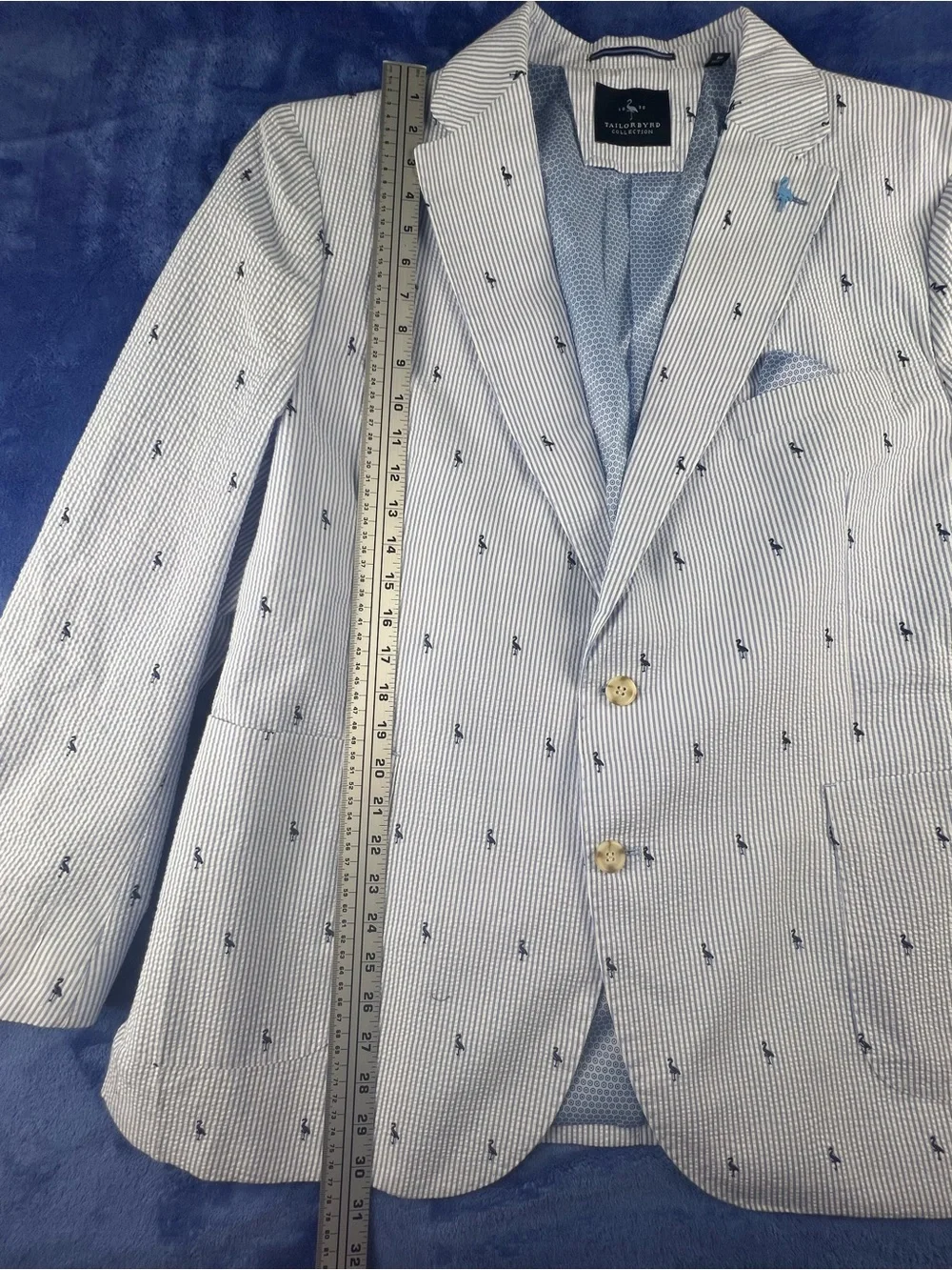 Tailorbyrd Mens Blazer 48R Seersucker Cotton Blue White Embroidered Flamingo
